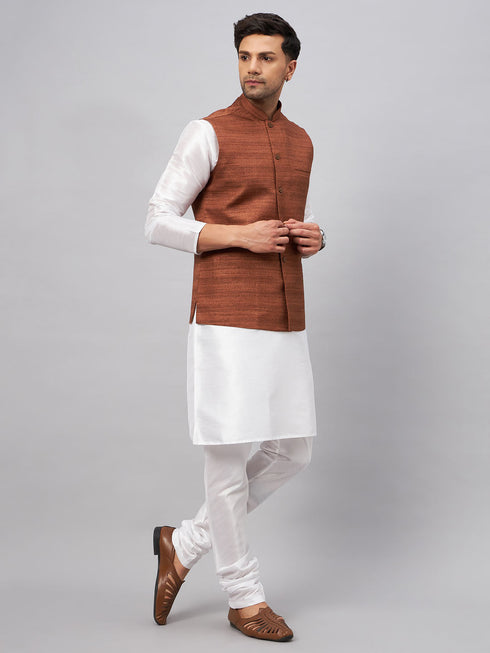 Vastramay Men's Coffee Matka Silk Nehru Jacket With White Silk Blend Kurta Pyjama Set
